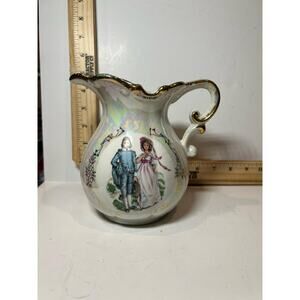 Vintage Lusterware Japan Porcelain Pitcher with Victorian Couple & Gold Trim